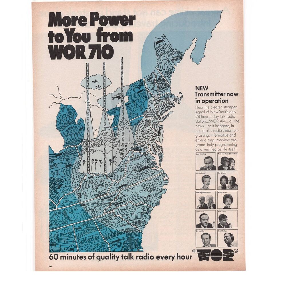 WOR 710 Radio Station Advertisement Vintage 1968 New York Talk Radio East Coast